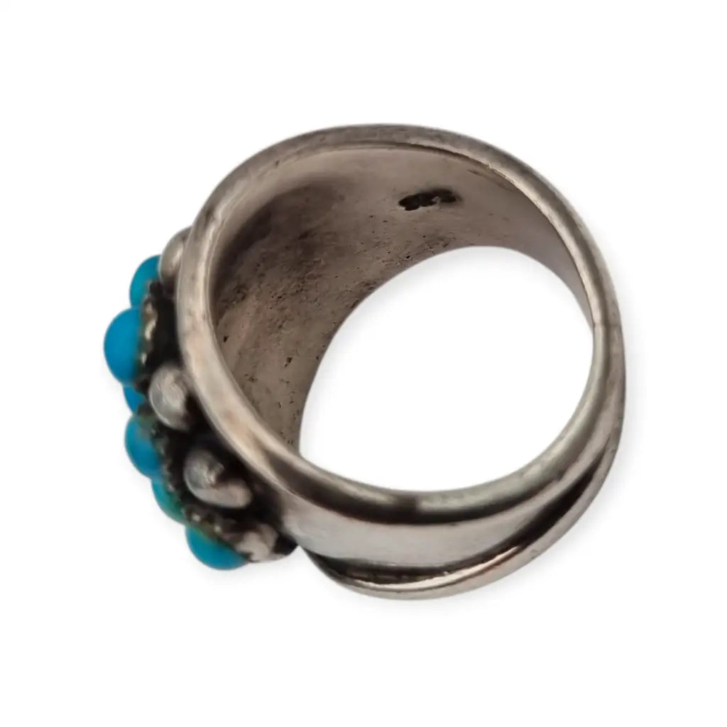 Anillo de plata estilo boho con cuentas azules para mujer años 80.