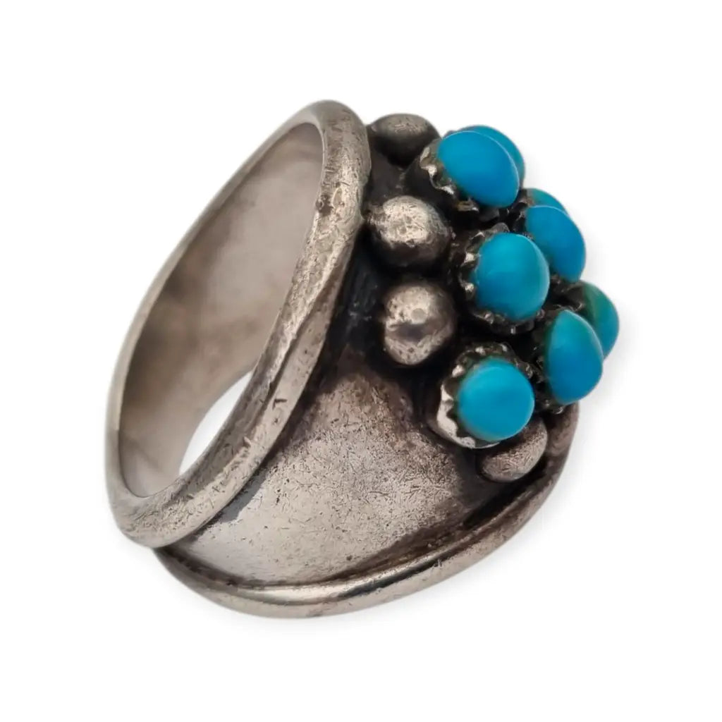 Anillo de plata estilo boho con cuentas azules para mujer años 80.