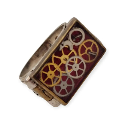 Anillo steampunk artesanal en plata 925 con engranajes antiguos de relojes
