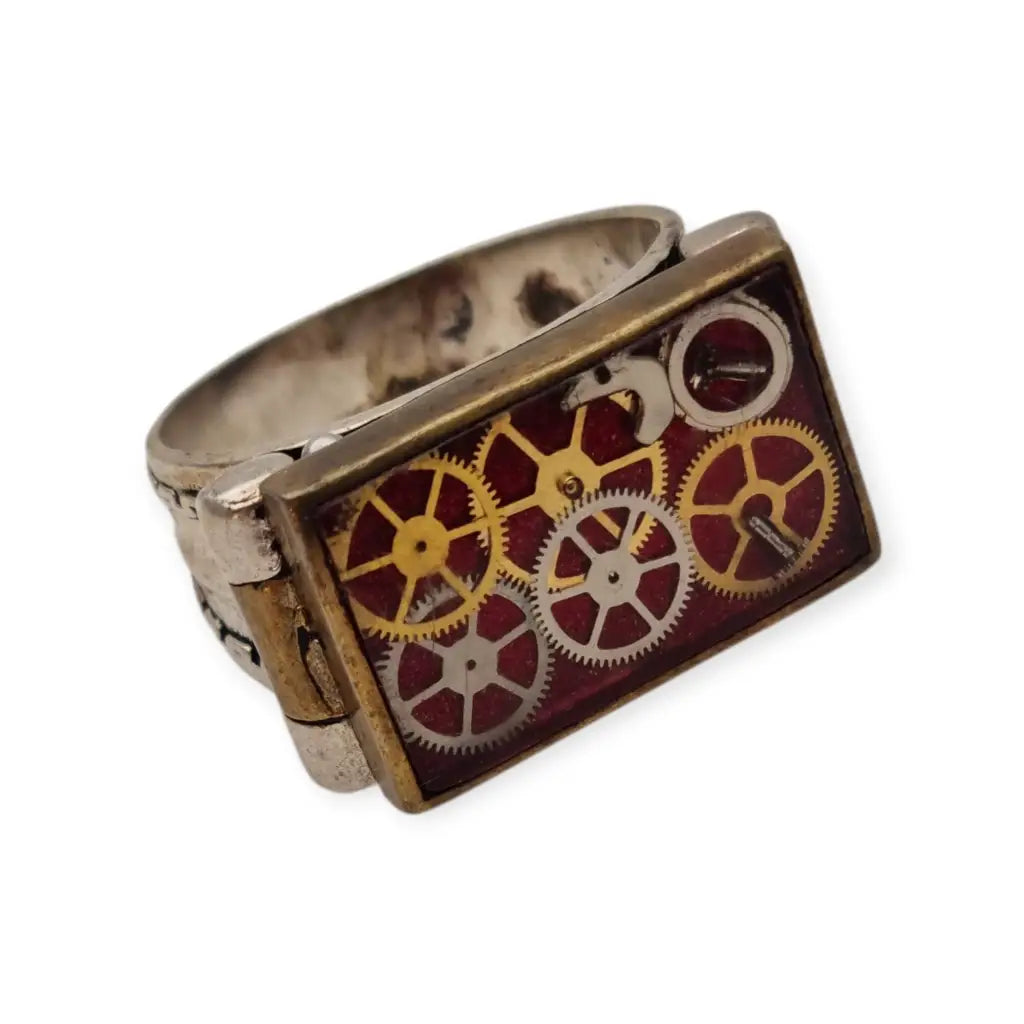 Anillo steampunk artesanal en plata 925 con engranajes antiguos de relojes