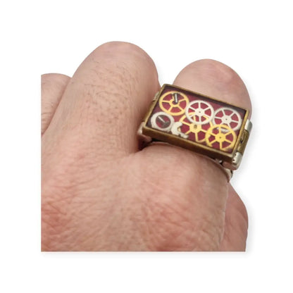 Anillo steampunk artesanal en plata 925 con engranajes antiguos de relojes
