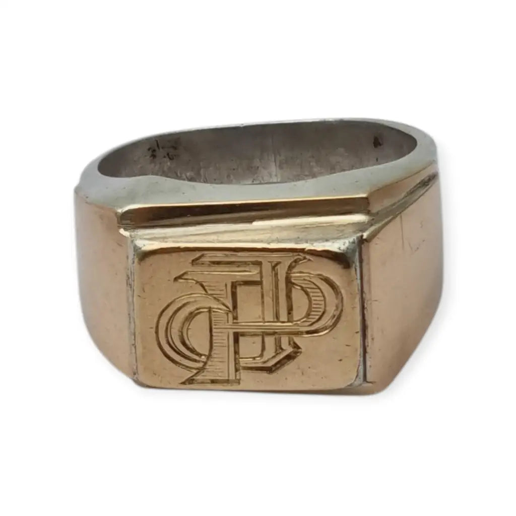 Anillo tipo sello Art Decó tardío en plata con vistas doradas y monograma