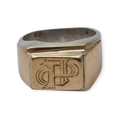 Anillo tipo sello Art Decó tardío en plata con vistas doradas y monograma