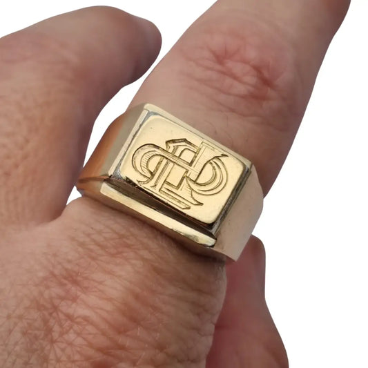 Anillo tipo sello Art Decó tardío en plata con vistas doradas y monograma