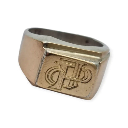 Anillo tipo sello Art Decó tardío en plata con vistas doradas y monograma