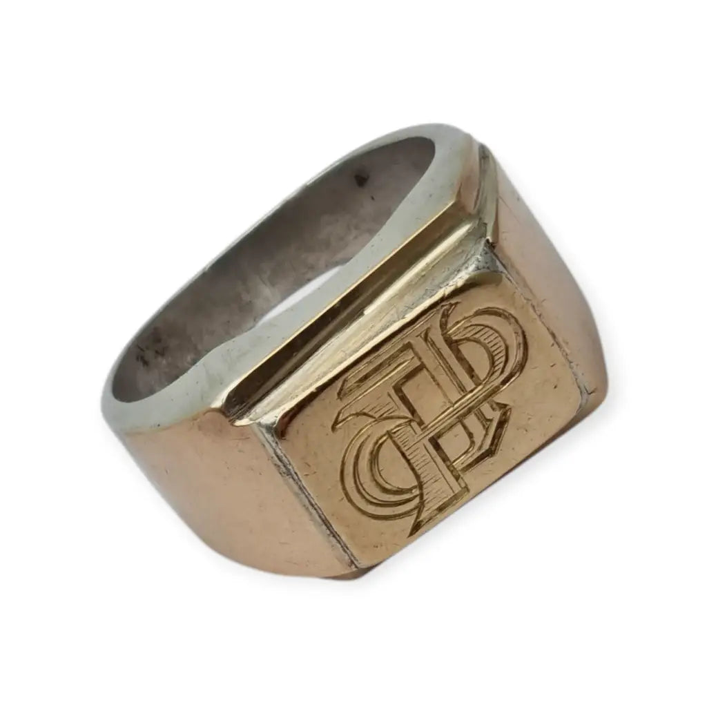 Anillo tipo sello Art Decó tardío en plata con vistas doradas y monograma