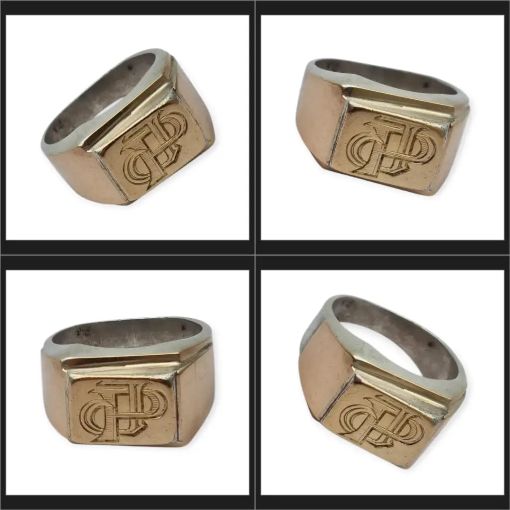 Anillo tipo sello Art Decó tardío en plata con vistas doradas y monograma