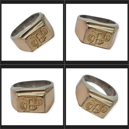 Anillo tipo sello Art Decó tardío en plata con vistas doradas y monograma