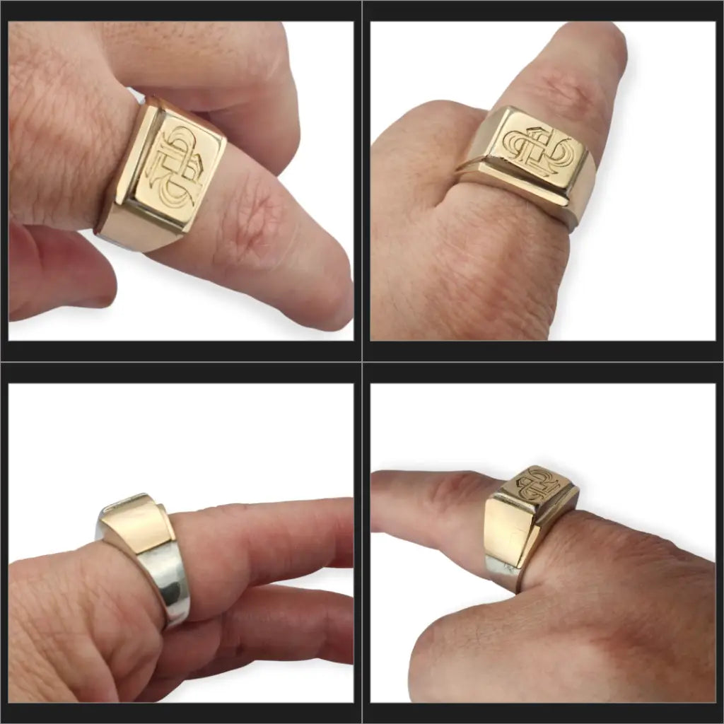 Anillo tipo sello Art Decó tardío en plata con vistas doradas y monograma