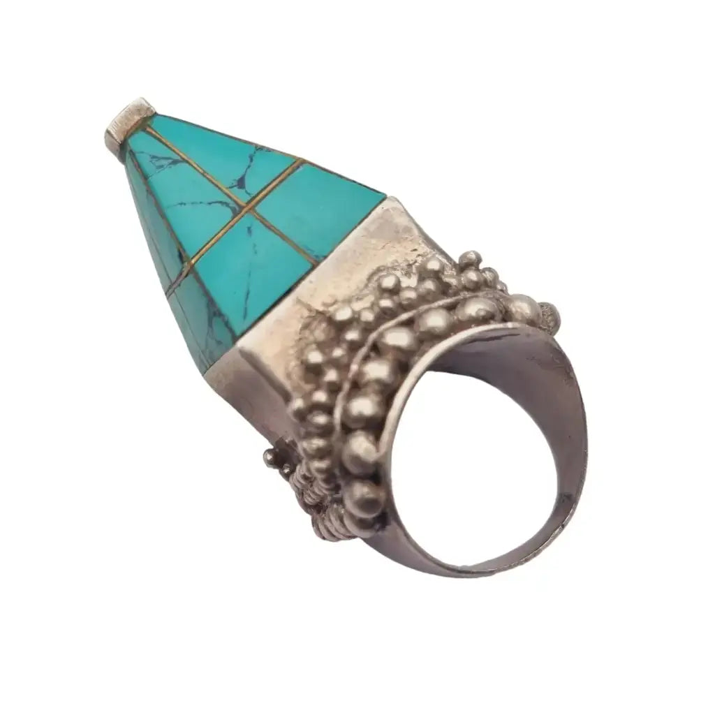 Anillo étnico piramide tuareg de plata y turquesa joya tribal africana bereber.