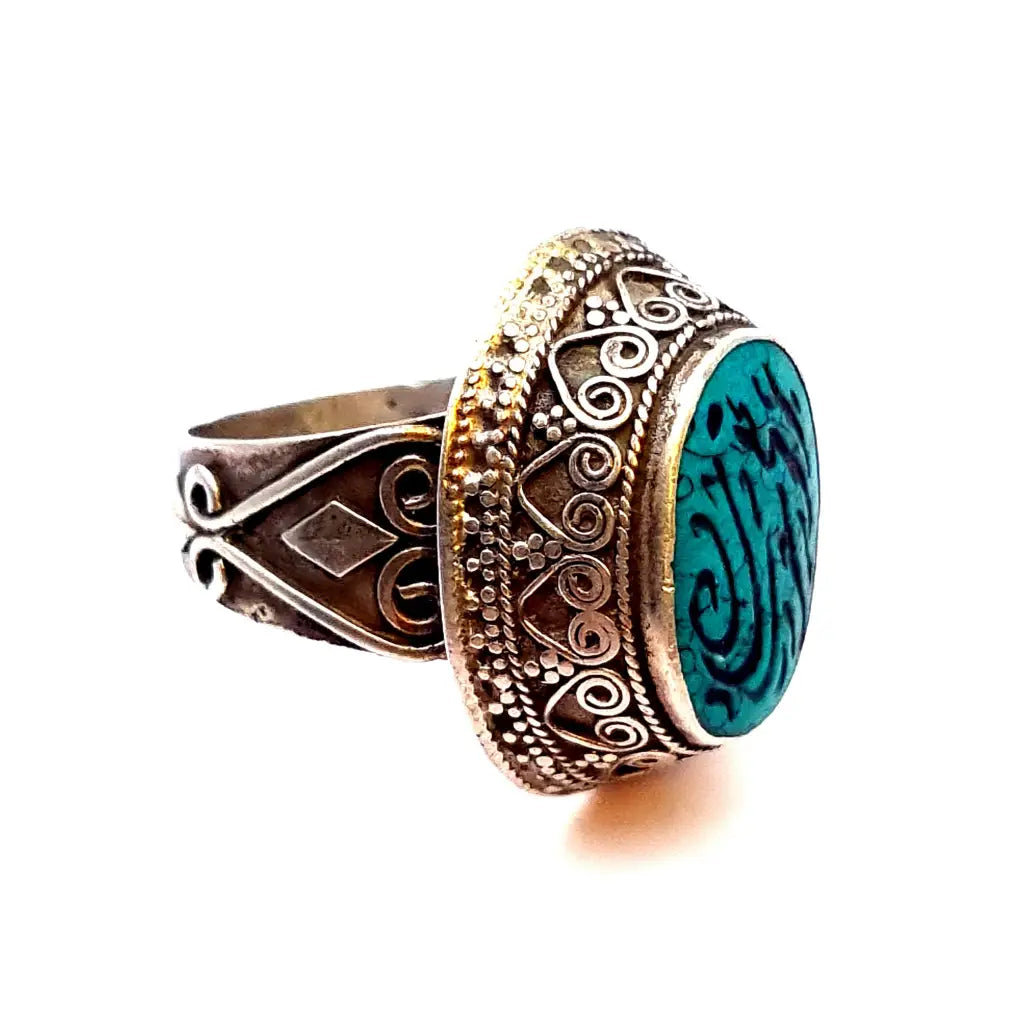 Anillo de plata boho con piedra verde grabada étnico Joyería oriental