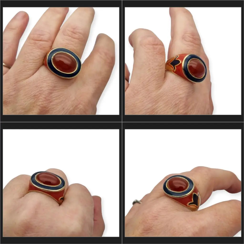 Anillo vintage Flli Menegatti en plata 925 dorada y esmalte sello Italia 54 VI.