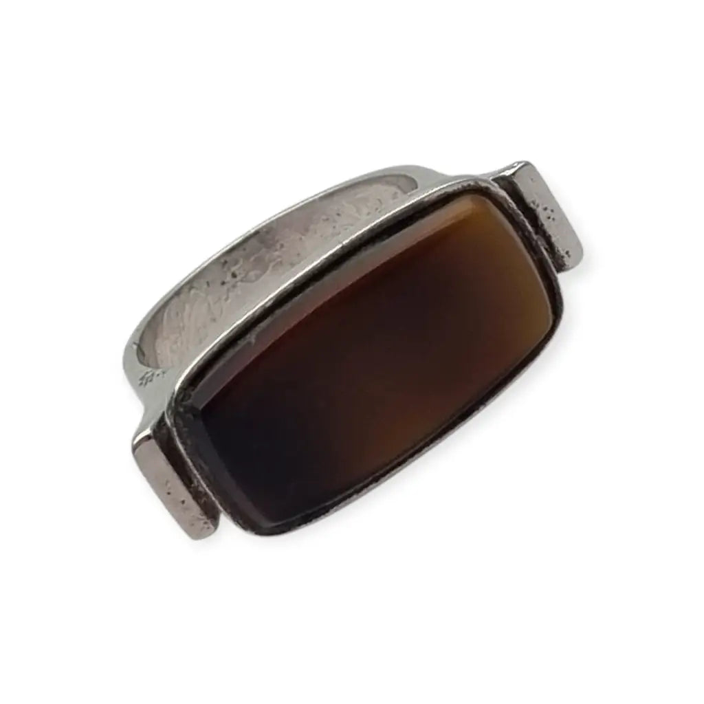 Anillo vintage de plata 915 con cabujón rectangular marrón 1980-90.