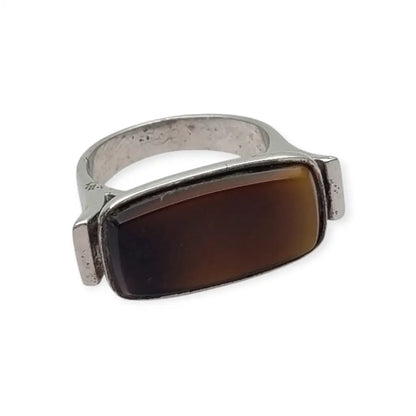 Anillo vintage de plata 915 con cabujón rectangular marrón 1980-90.