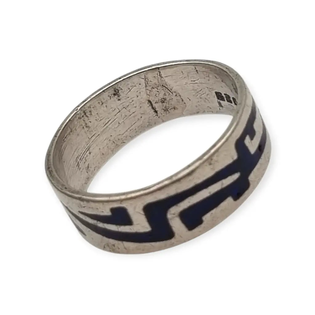 Anillo vintage de plata 925 con esmalte geométrico azul estilo retro tribal