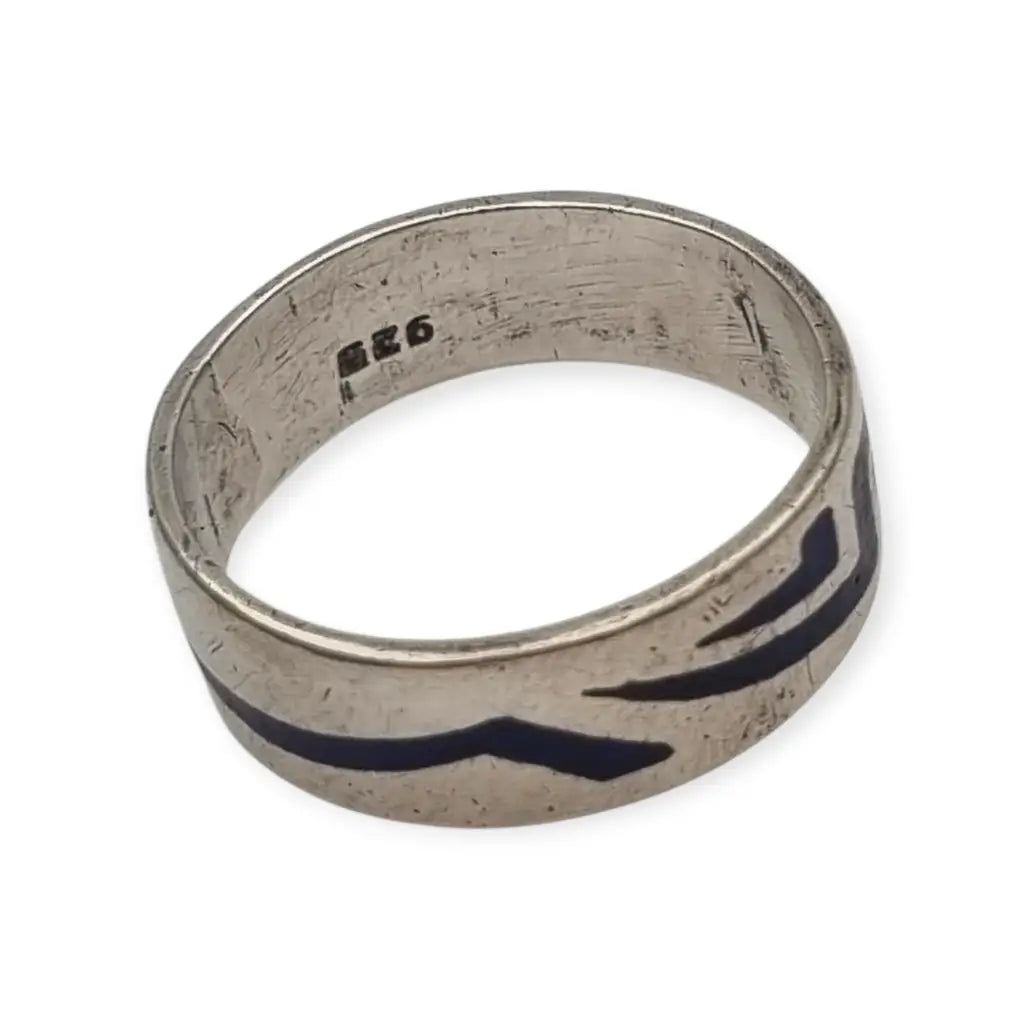 Anillo vintage de plata 925 con esmalte geométrico azul estilo retro tribal
