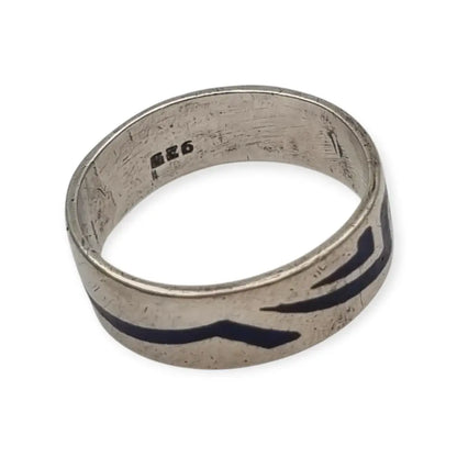 Anillo vintage de plata 925 con esmalte geométrico azul estilo retro tribal