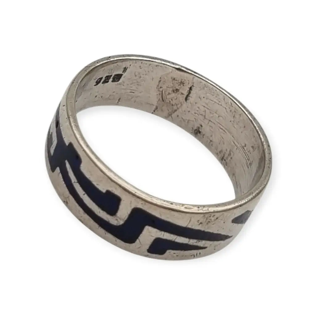 Anillo vintage de plata 925 con esmalte geométrico azul estilo retro tribal