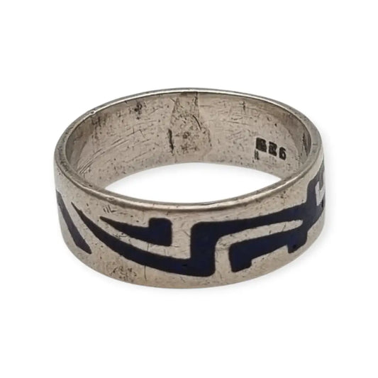 Anillo vintage de plata 925 con esmalte geométrico azul estilo retro tribal