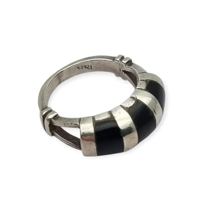 Anillo vintage de plata 925 con incrustaciones ónix negro en rayas diseño