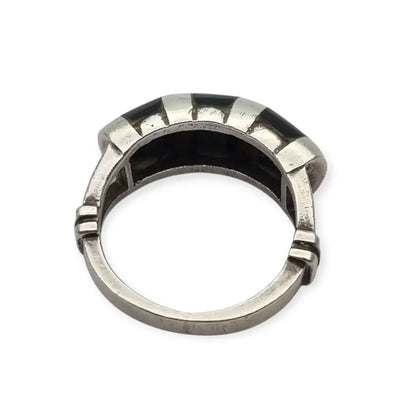 Anillo vintage de plata 925 con incrustaciones ónix negro en rayas diseño