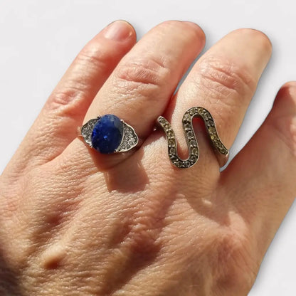 Anillo vintage de plata 925 con piedra azul cabujón ovalado para mujer regalos