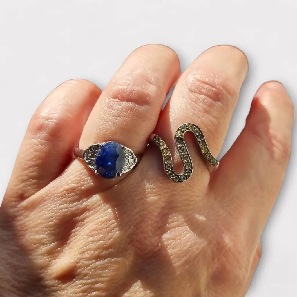 Anillo vintage de plata 925 con piedra azul cabujón ovalado para mujer regalos