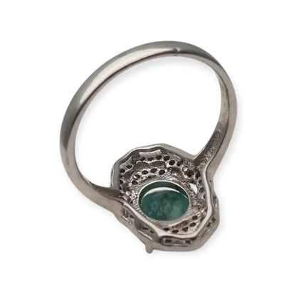 Anillo vintage de plata 925 con piedra verde oval y orla circonitas años