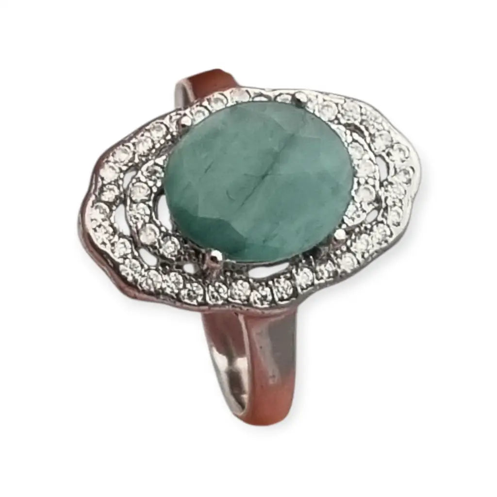 Anillo vintage de plata 925 con piedra verde oval y orla circonitas años
