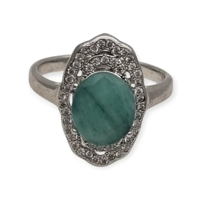 Anillo vintage de plata 925 con piedra verde oval y orla circonitas años
