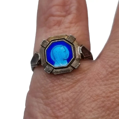 Anillo virgen esmalte azul y plata para mujer de ley anillo religioso art