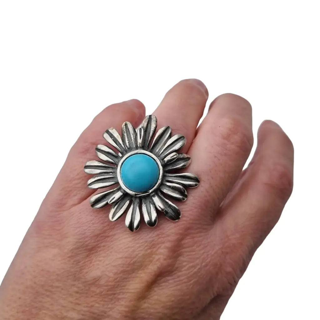 Anillos mujer flor grande piedra azul anillo plata de ley vintage regalos