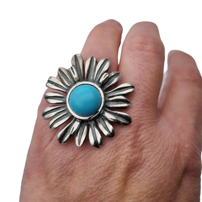 Anillos mujer flor grande piedra azul anillo plata de ley vintage regalos