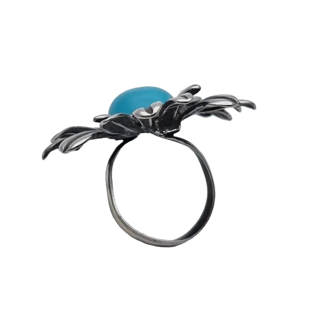 Anillos mujer flor grande piedra azul anillo plata de ley vintage regalos