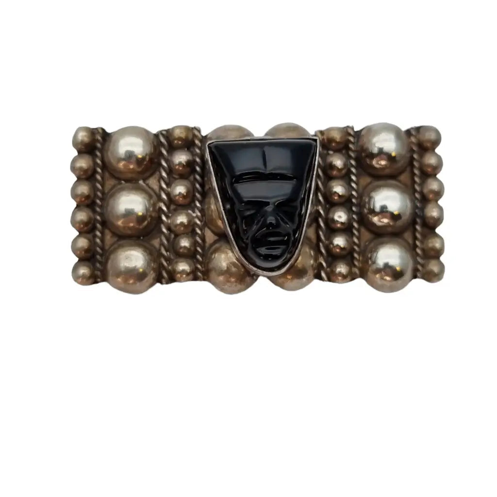 Vintage Made in Mexico broche con cara tallada en obsidiana Plata 925 Azteca