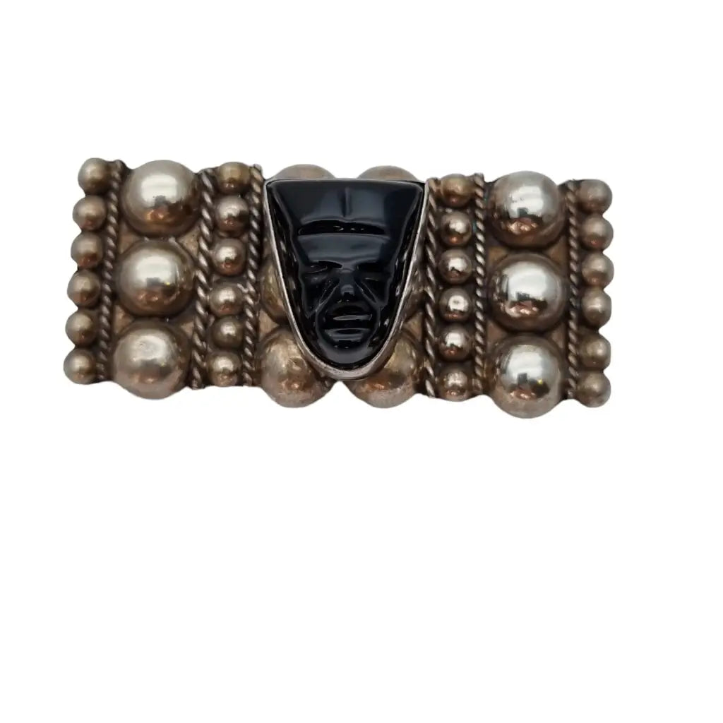 Vintage Made in Mexico broche con cara tallada en obsidiana Plata 925 Azteca