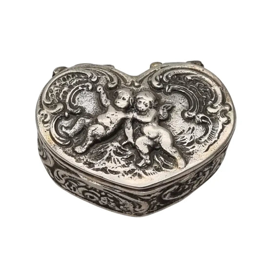 Antigua caja corazón con querubines de plata 800 estilo barroco ángeles.