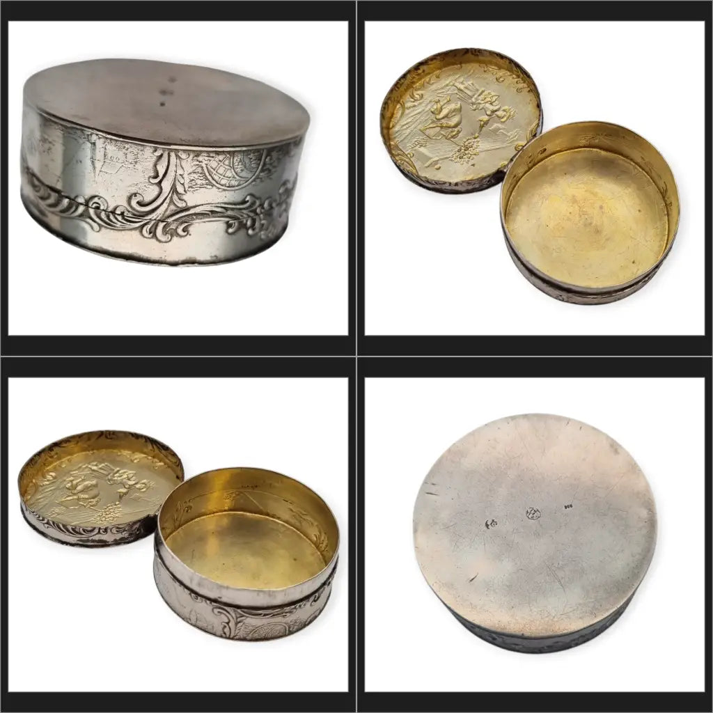 Antigua caja redonda alemana de plata 800 con escena bucólica jardín