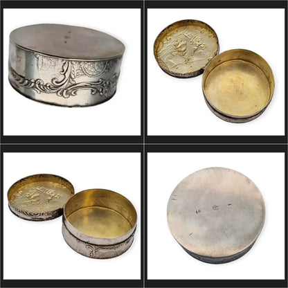 Antigua caja redonda alemana de plata 800 con escena bucólica jardín