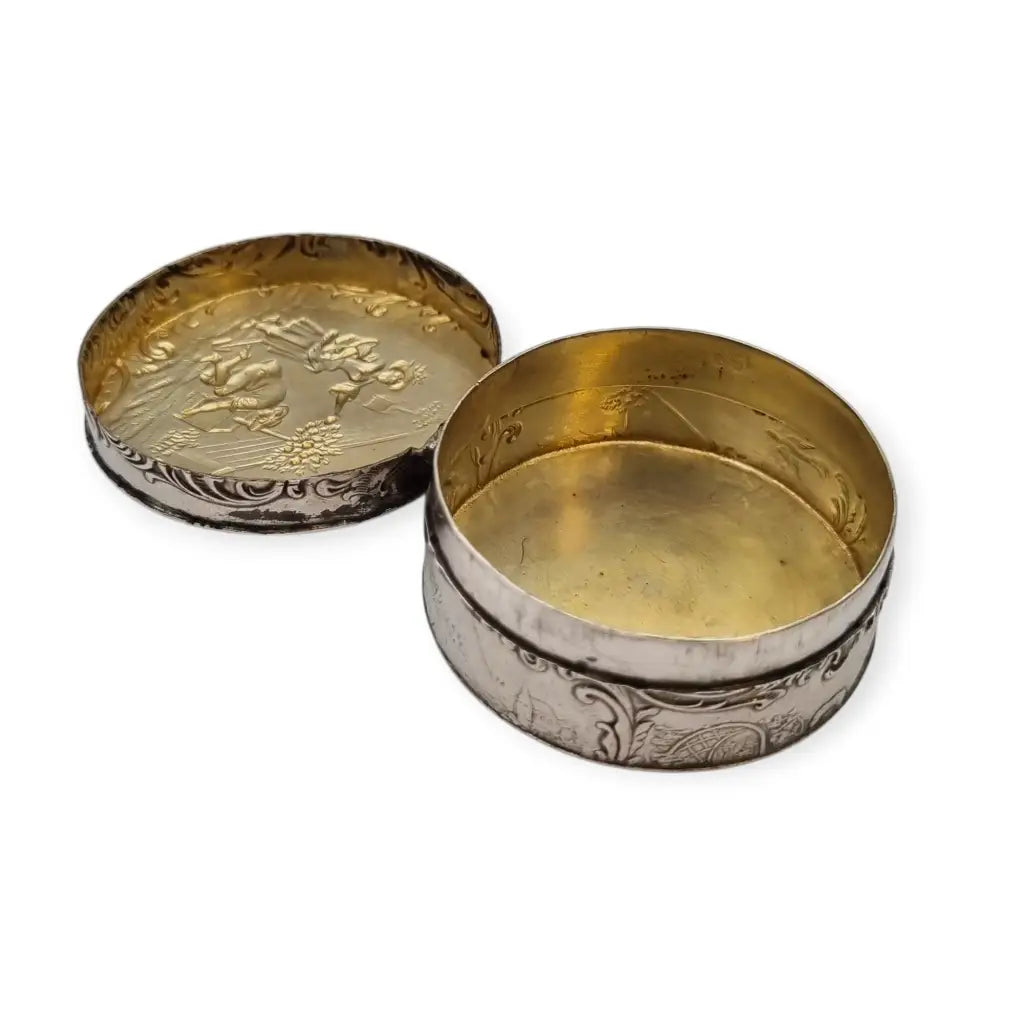 Antigua caja redonda alemana de plata 800 con escena bucólica jardín