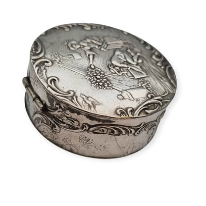 Antigua caja redonda alemana de plata 800 con escena bucólica jardín