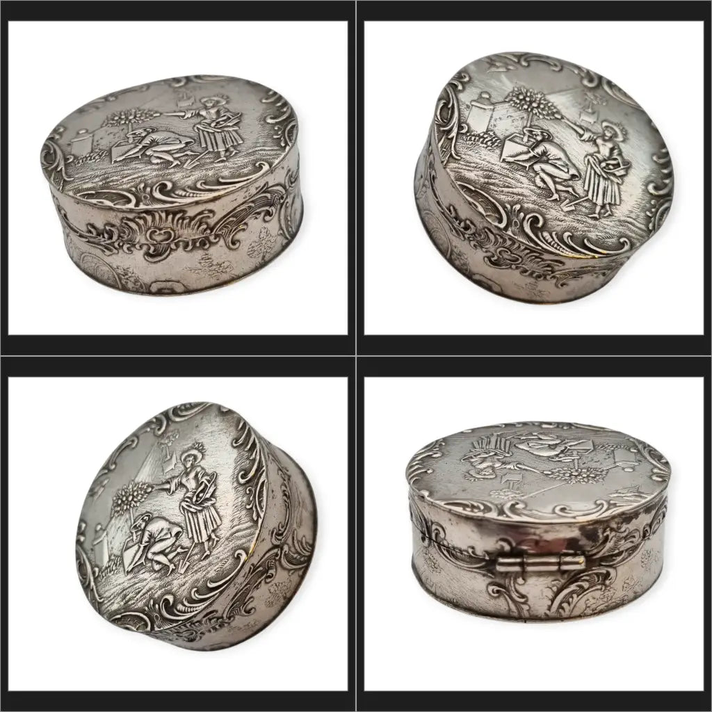 Antigua caja redonda alemana de plata 800 con escena bucólica jardín