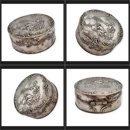 Antigua caja redonda alemana de plata 800 con escena bucólica jardín