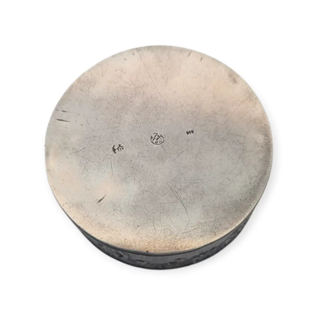 Antigua caja redonda alemana de plata 800 con escena bucólica jardín