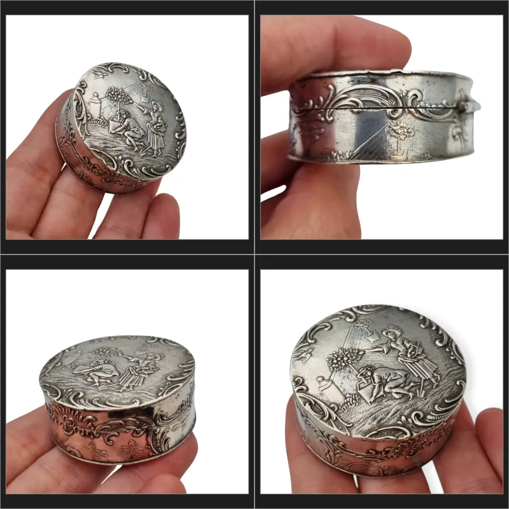 Antigua caja redonda alemana de plata 800 con escena bucólica jardín