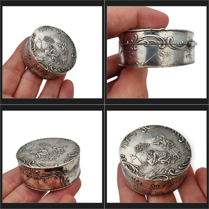 Antigua caja redonda alemana de plata 800 con escena bucólica jardín