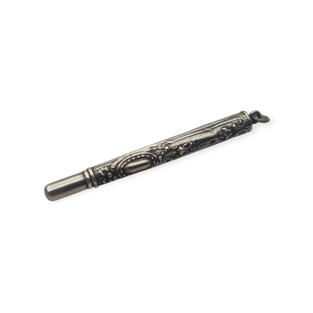 Antiguo plumín de plata grabada para chatelaine diseño floral victoriano circa