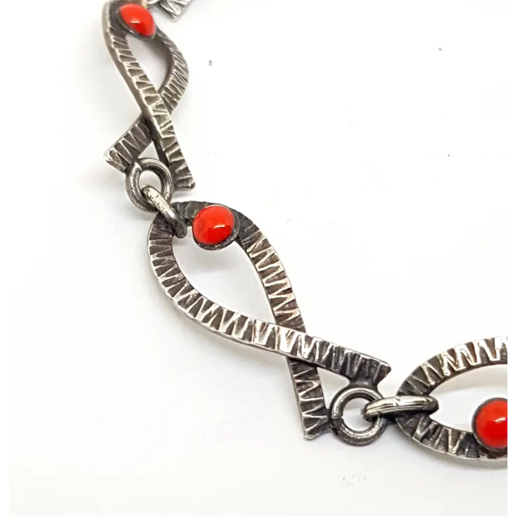 Pulsera vintage de plata Art Deco para mujer con pez esmaltado rojo