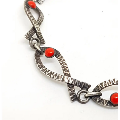 Pulsera vintage de plata Art Deco para mujer con pez esmaltado rojo