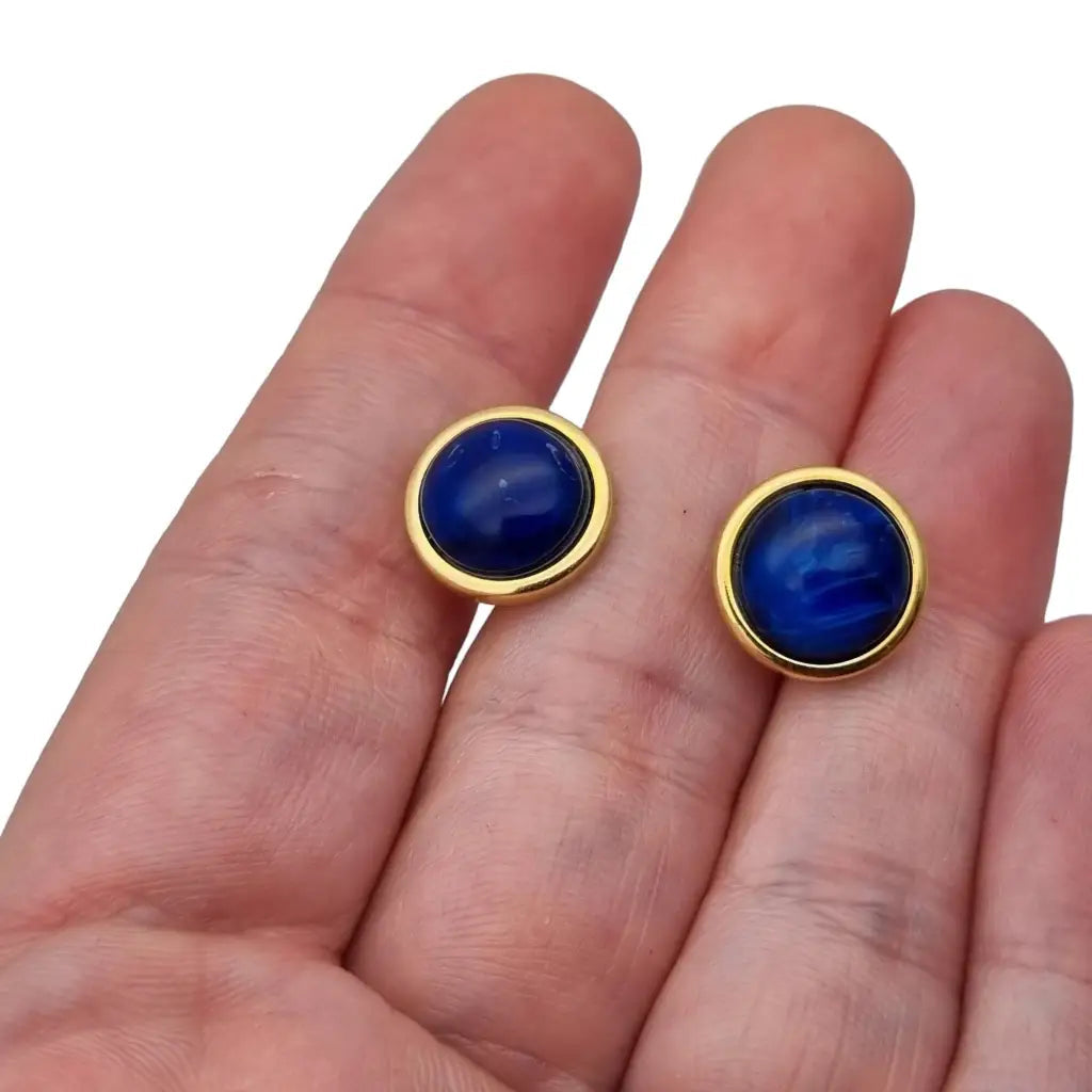 Pendientes de botón azul y oro laminado novedades los 80 NOS semental